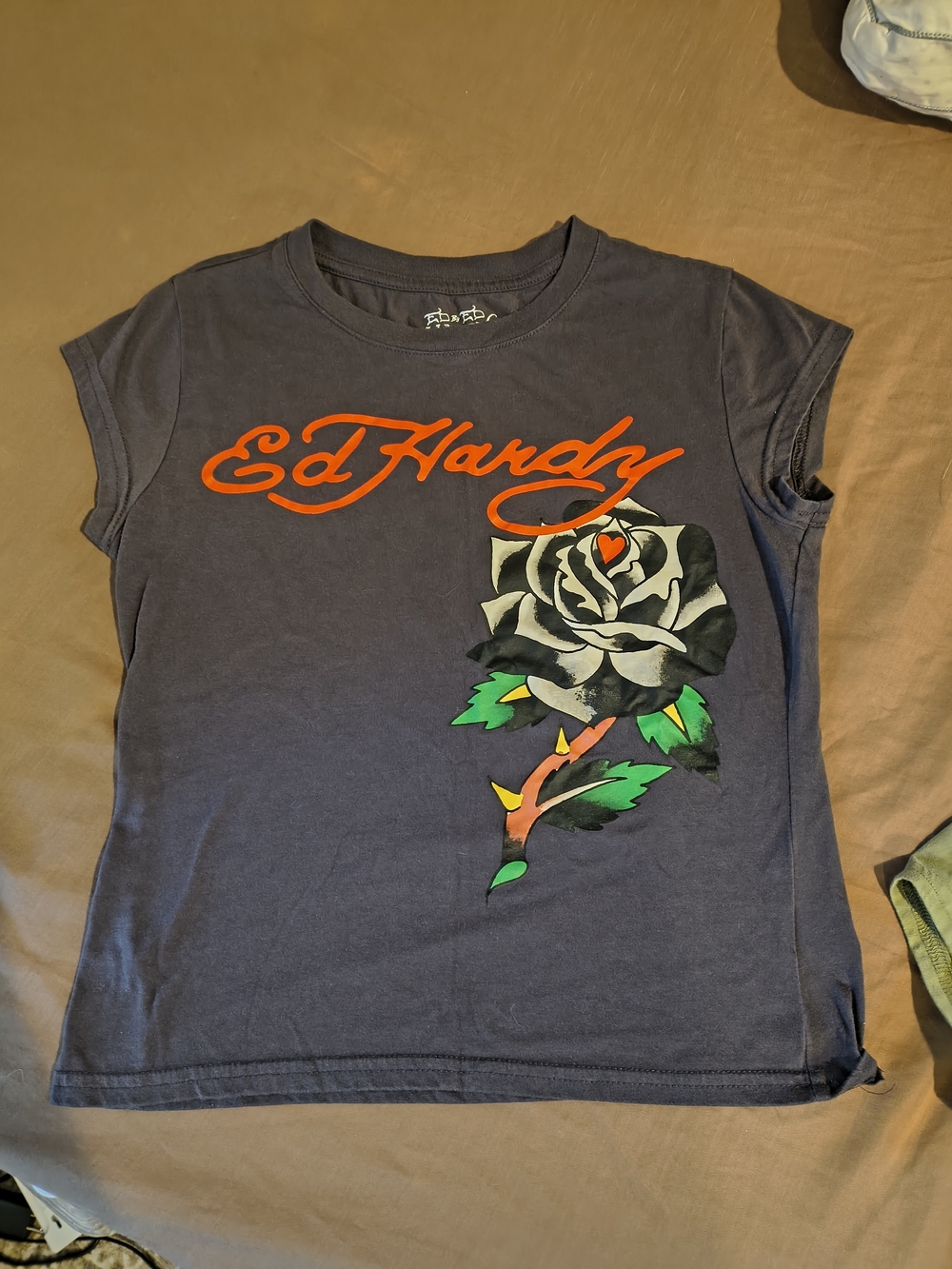Ed Hardy Navy Graphic Baby Tee with Rose and Bright Logo